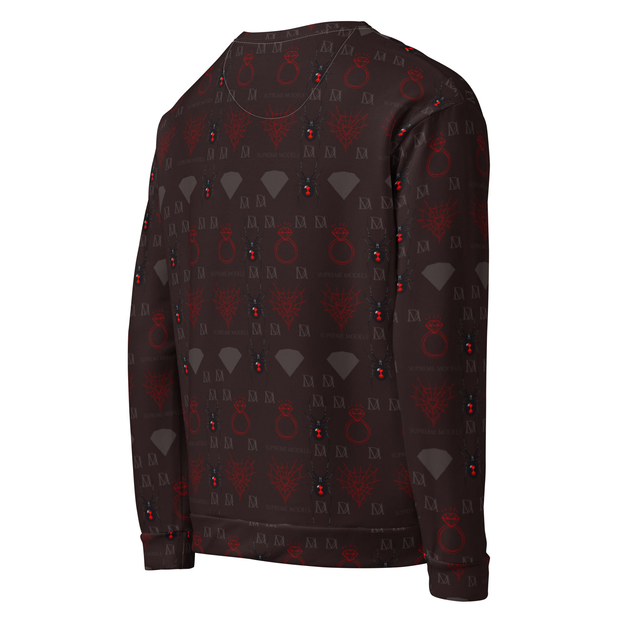 Daemon Luxury Supreme Models reticulated unisex recycled sweatshirt with all-over print, showing the white back view.