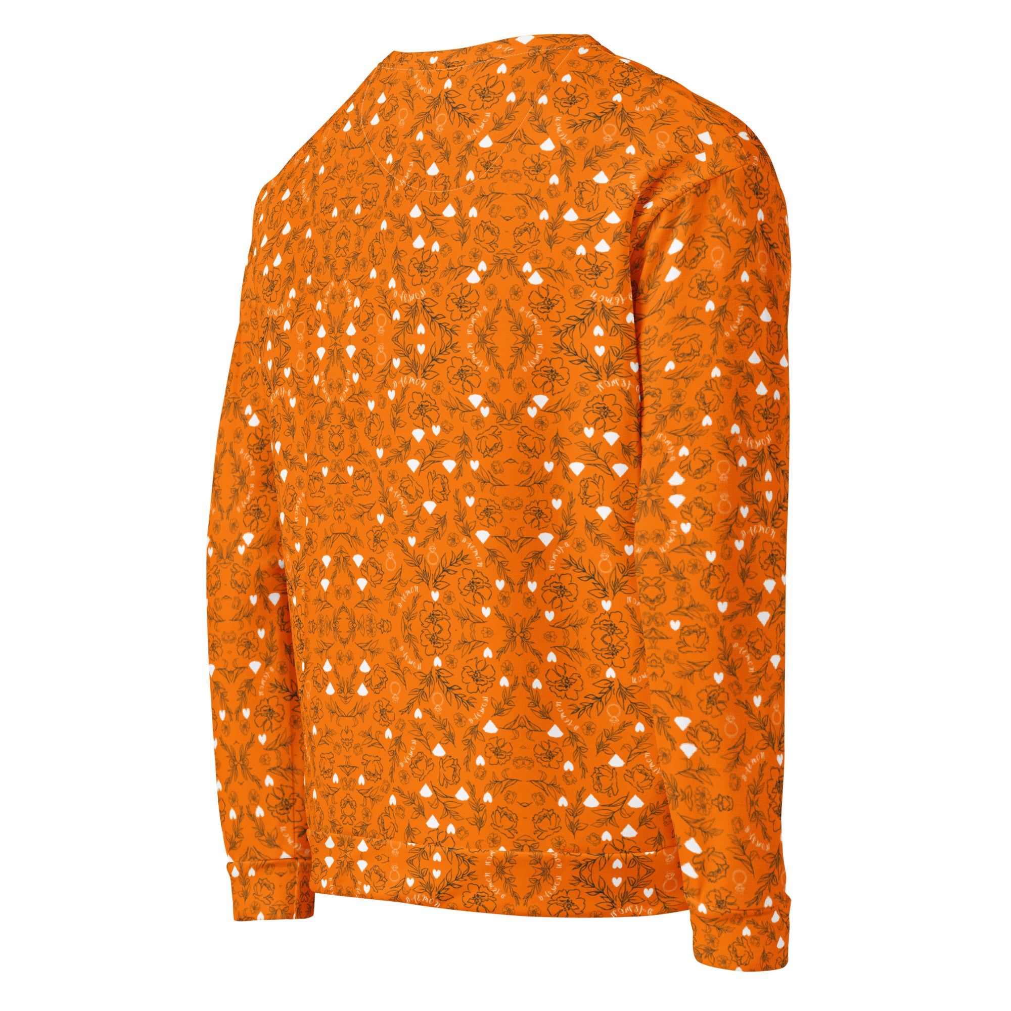 Rebirth Tarmin Sunset all-over recycled unisex sweatshirt by Daemon Luxury, white with vibrant sunset-inspired print on the back.