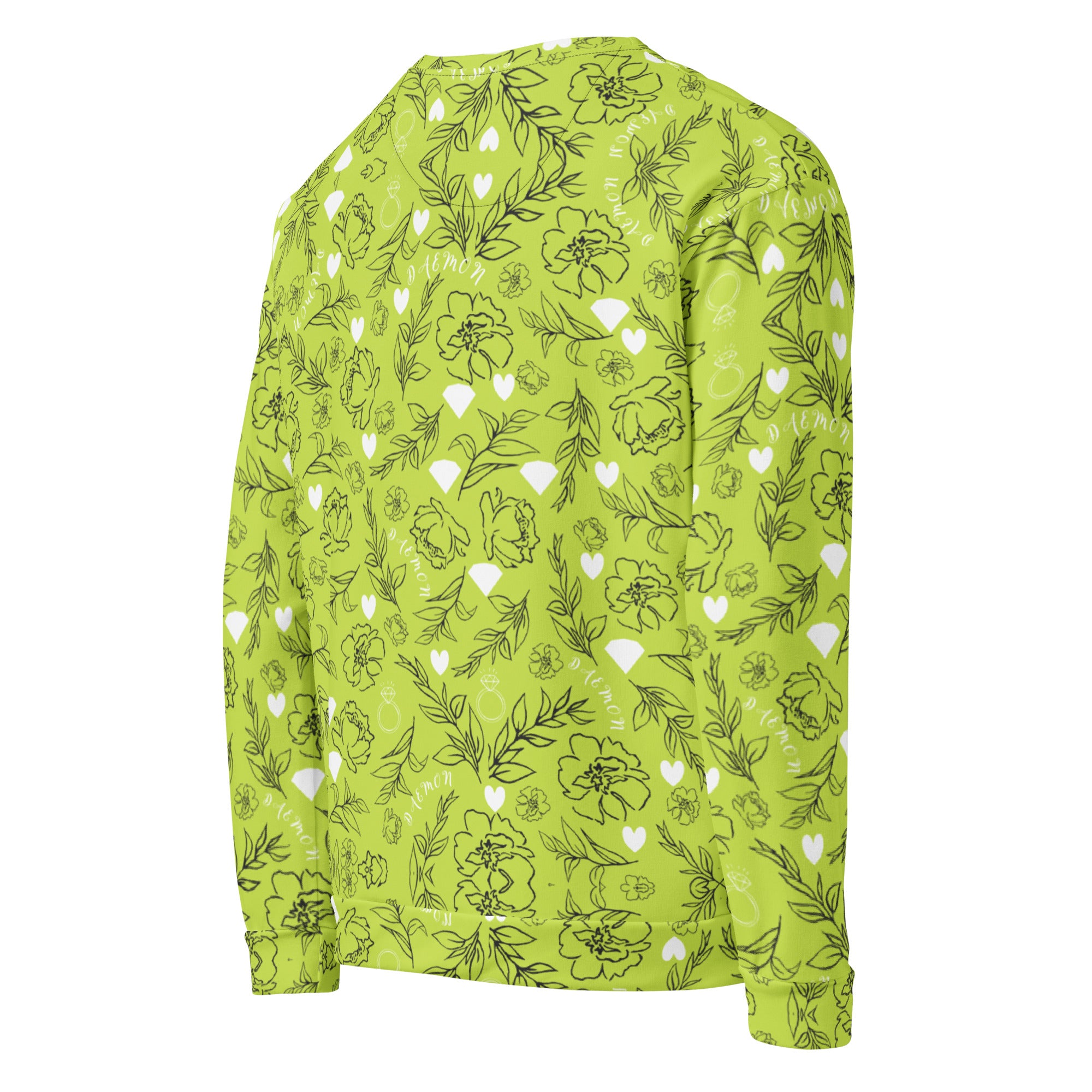 Daemon Luxury Florette Rebirth Mantis unisex sweatshirt with all-over printed recycled fabric, white color, right back view