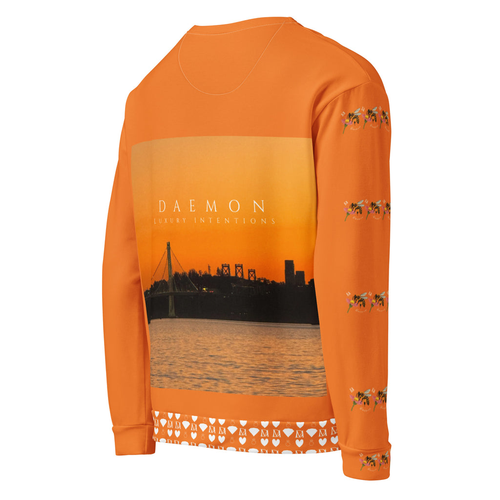 Daemon Luxury Honeybee Smoothie Winter’s Sunset unisex sweatshirt with all-over print on white recycled fabric, right back view.