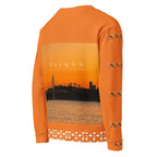 Daemon Luxury Honeybee Smoothie Winter’s Sunset unisex sweatshirt with all-over print on white recycled fabric, right back view.