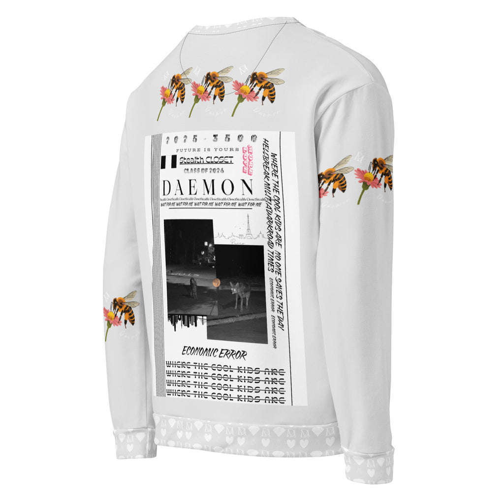 Daemon Luxury Honeybee Smoothie eco-friendly unisex sweatshirt with all-over white print, featuring a honeybee design on the back.