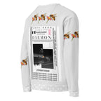Daemon Luxury Honeybee Smoothie eco-friendly unisex sweatshirt with all-over white print, featuring a honeybee design on the back.