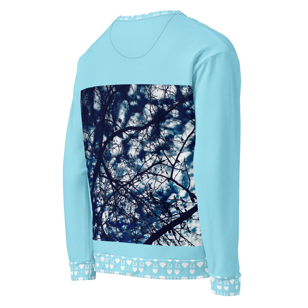 Recycled white unisex sweatshirt with all-over honeybee and skyberries print from Daemon Luxury. Right back view.