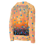 Daemon Luxury Picasso Mirrors Quintara’s Sunset unisex recycled sweatshirt with all-over print on white fabric, right back view.