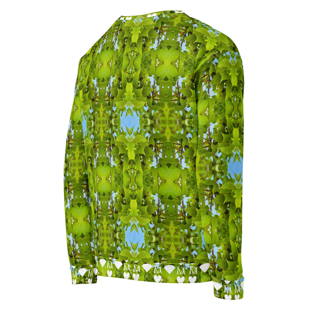 Daemon Luxury Belly Red’s Garden Rebirth unisex white recycled all-over print sweatshirt, back view with vibrant garden design.