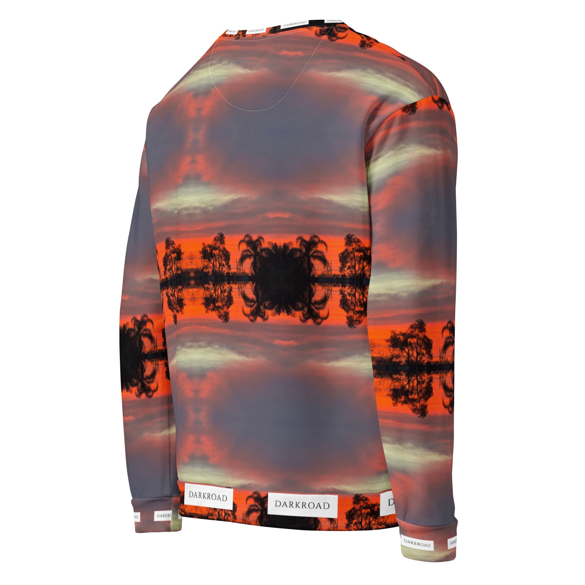 Daemon Luxury DARKROAD Hellbreak recycled unisex sweatshirt with all-over print, white color, shown from the right back angle.