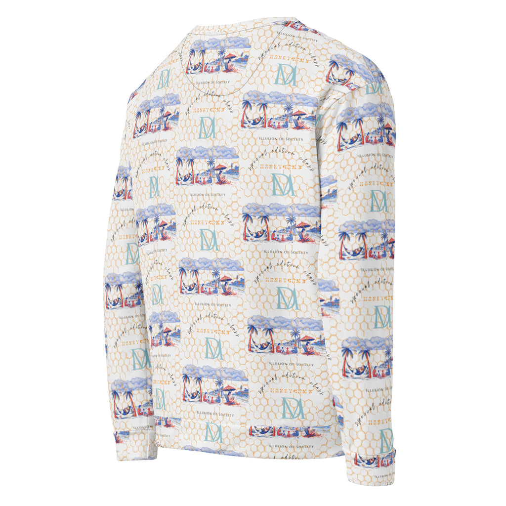 White Honeybee Intel Felpa sweatshirt by Daemon Luxury featuring an all-over recycled print on the back.