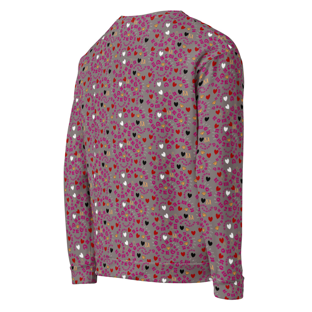 Recycled white unisex sweatshirt by Daemon Luxury featuring all-over print, shown from the right back angle.
