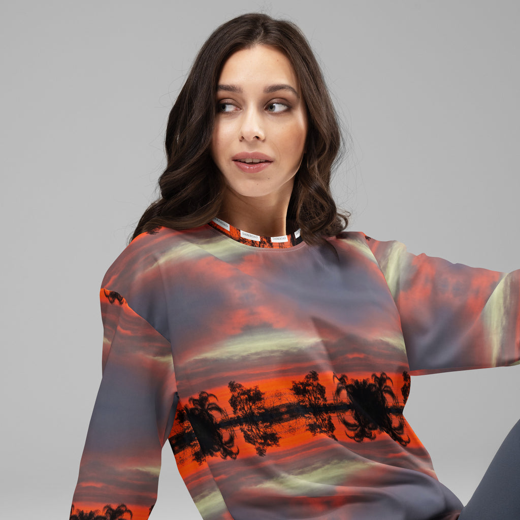 White Daemon Luxury DARKROAD HELLBREAK unisex sweatshirt with all-over print, featuring bold graphic design on the front.