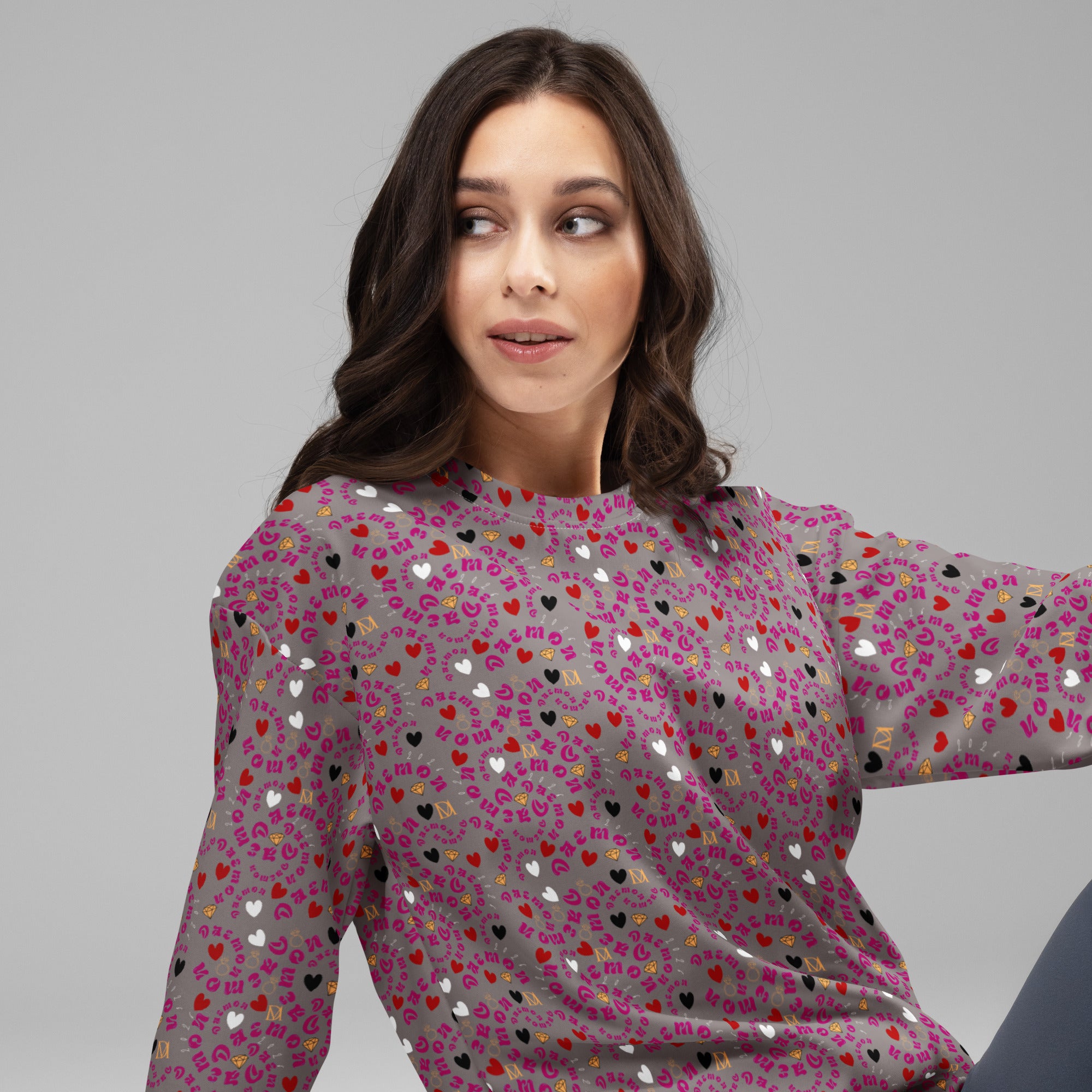 All-over print white unisex sweatshirt by Daemon Luxury featuring recycled fabric and casual fit, shown from right front angle.