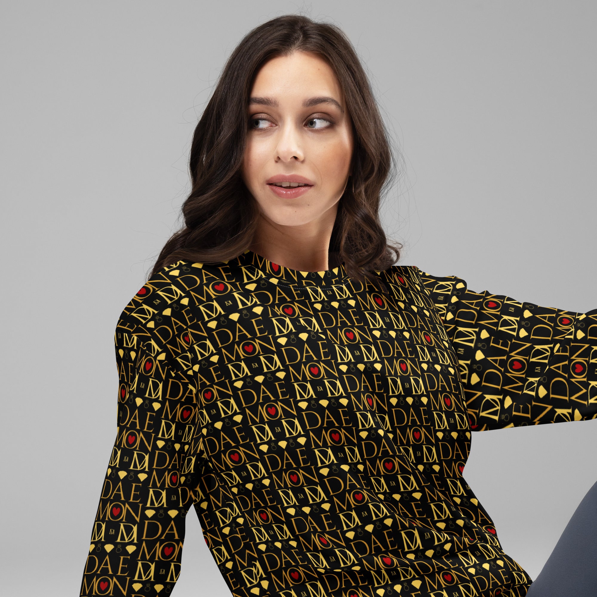 White Sun Glow California Daemon Luxury unisex recycled sweatshirt with vibrant all-over print, right-front view.