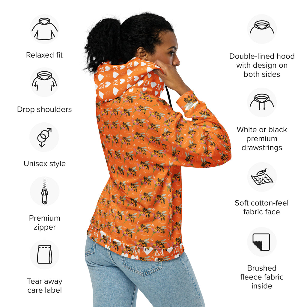Unisex white zip hoodie with all-over sunset and honeybee print, by Daemon Luxury, made from recycled materials.