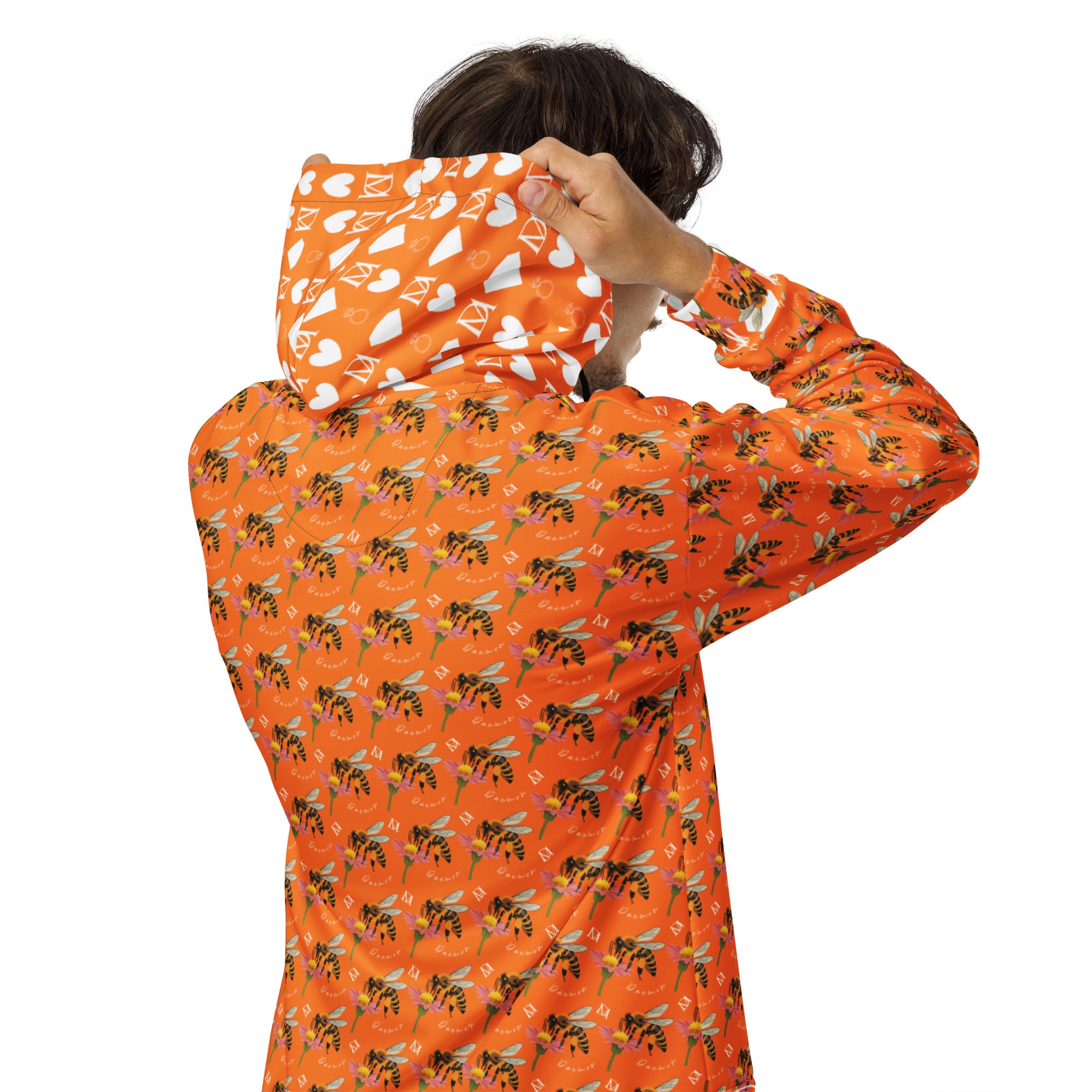 Recycled white unisex zip hoodie featuring all-over sunset and honeybee print by Daemon Luxury, showcasing back design.