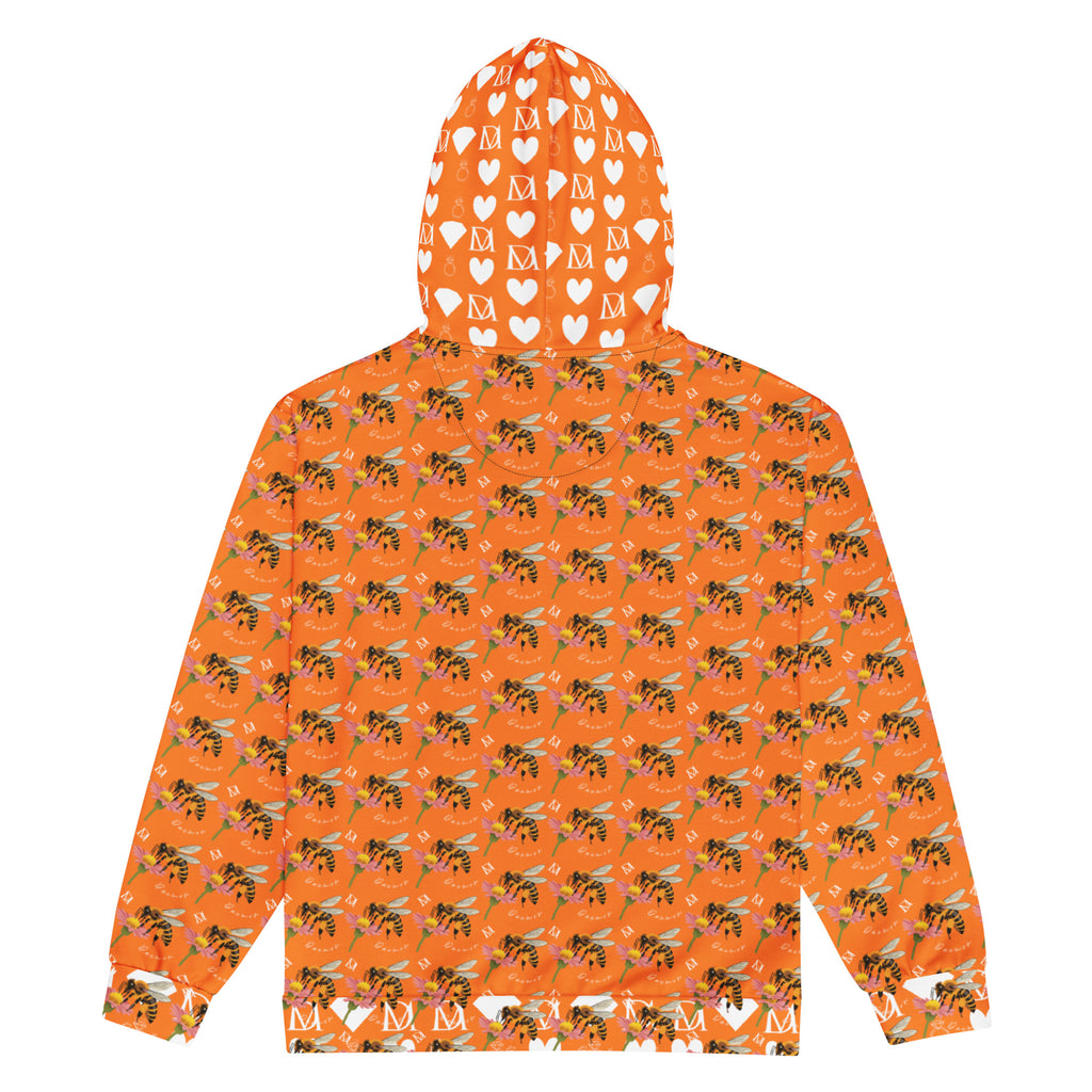 Daemon Luxury Quintara’s Sunset California Honeybee unisex zip hoodie with all-over recycled print on white fabric.