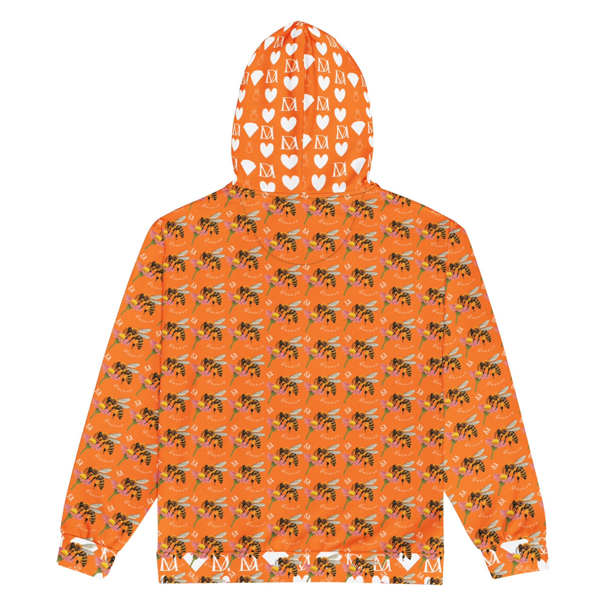 Daemon Luxury Quintara’s Sunset California Honeybee unisex zip hoodie with all-over recycled print on white fabric.