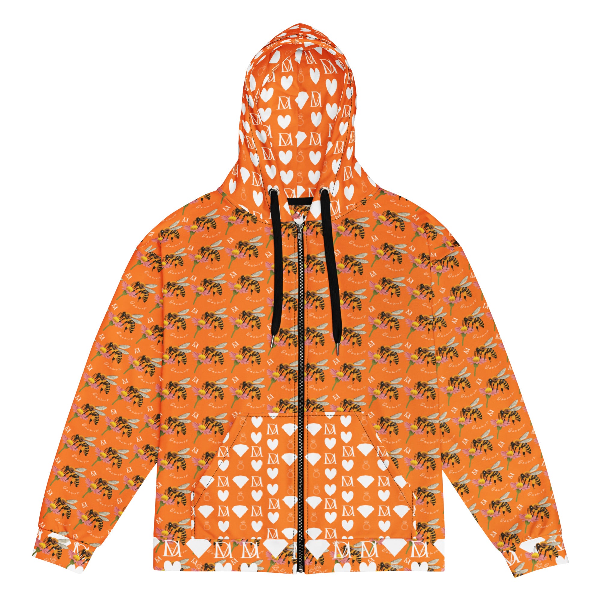 Daemon Luxury Quintara’s Sunset California Honeybee unisex white zip hoodie with all-over recycled print front view