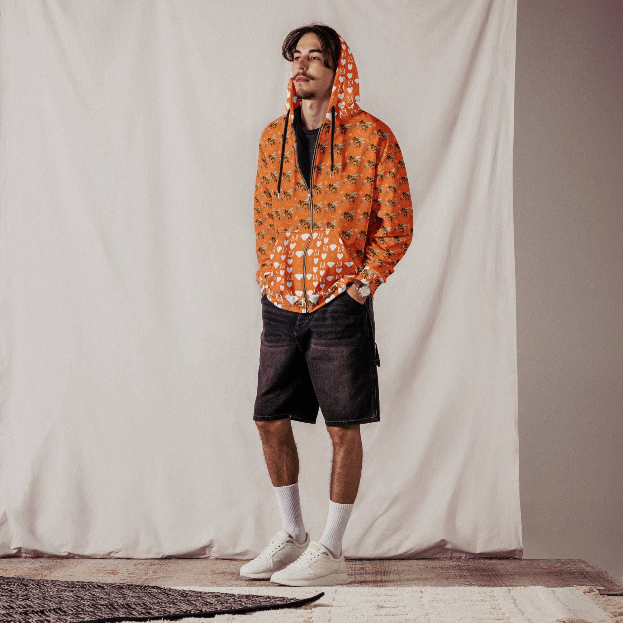 Recycled white unisex zip hoodie featuring all-over sunset California honeybee print by Daemon Luxury.