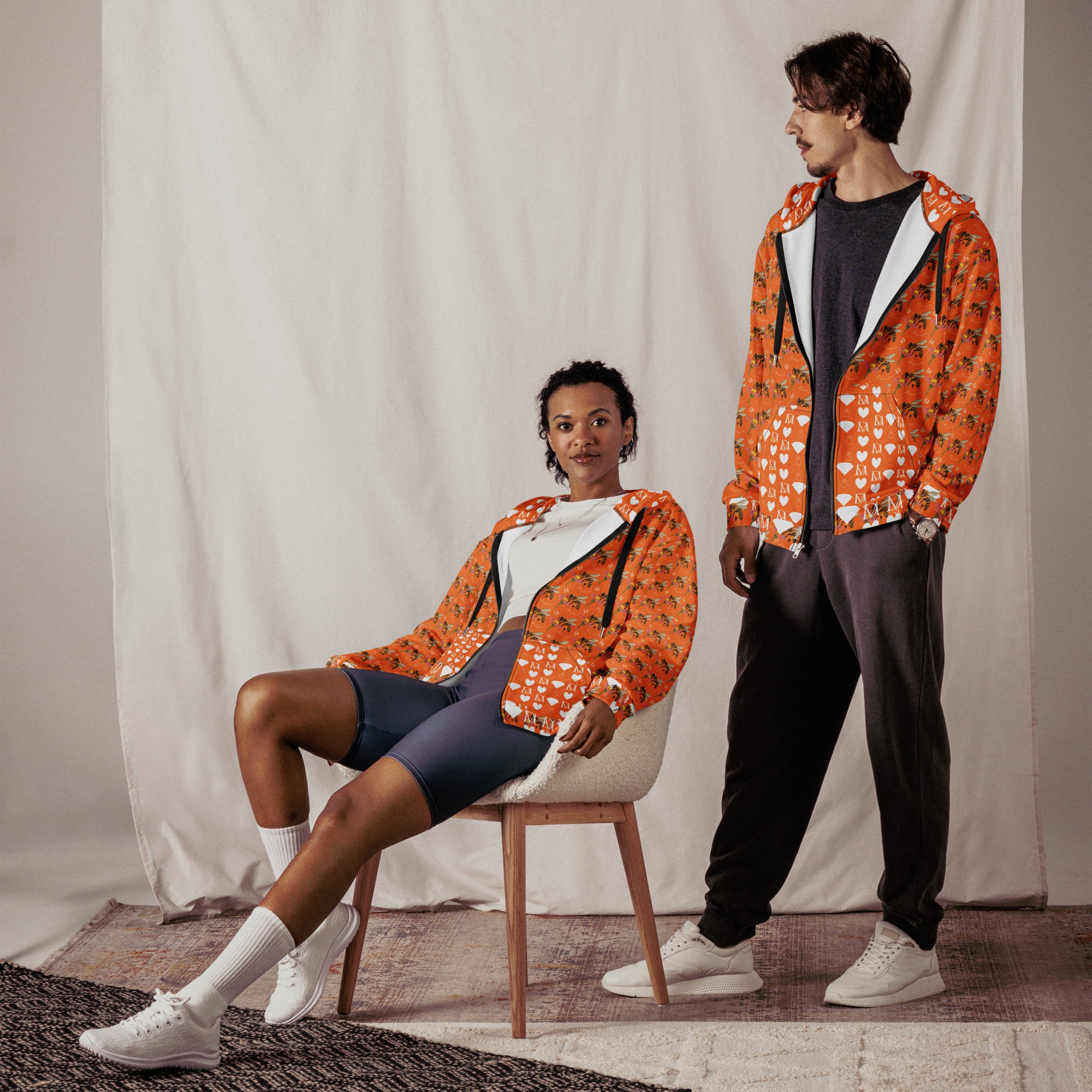 Unisex white zip hoodie featuring all-over sunset and California honeybee print by Daemon Luxury, sustainable recycled fabric.