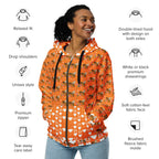 Recycled white unisex zip hoodie featuring Quintara’s Sunset California Honeybee all-over print by Daemon Luxury.