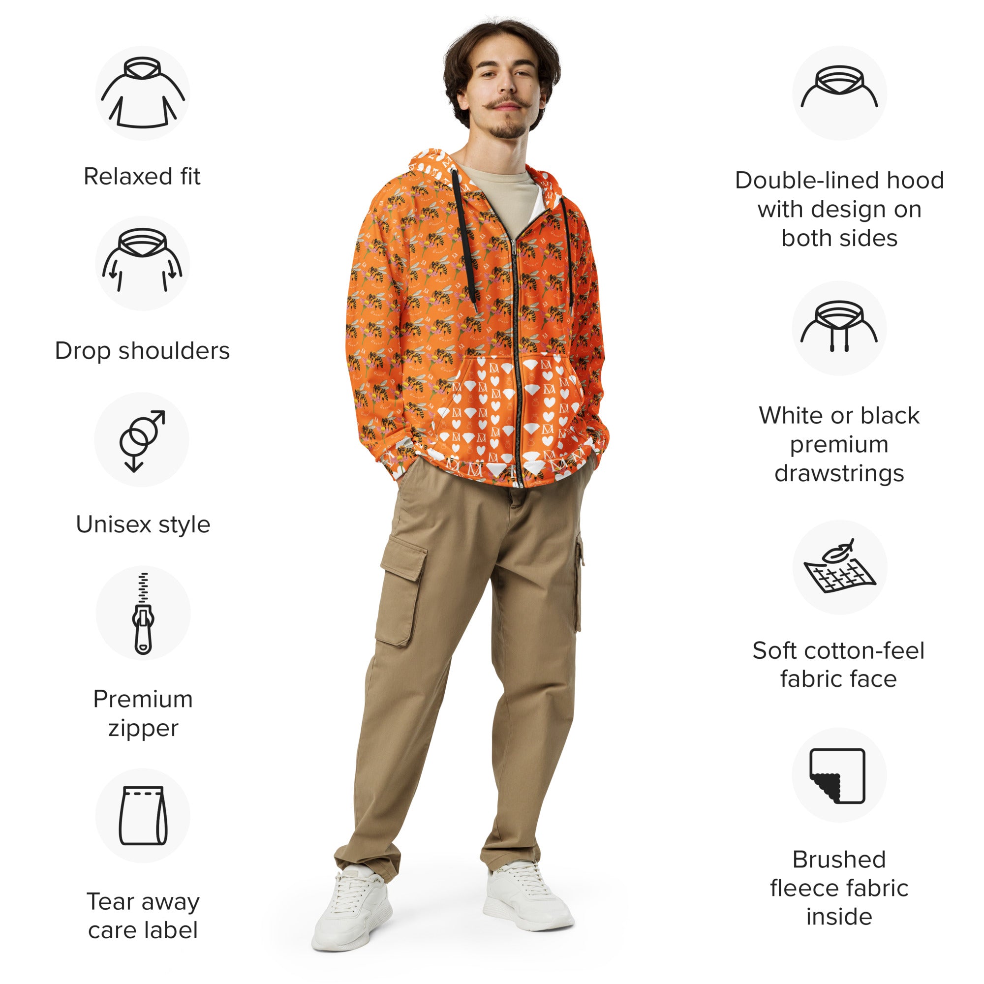 Daemon Luxury Quintara’s Sunset California Honeybee unisex zip hoodie with all-over recycled print, white front design.