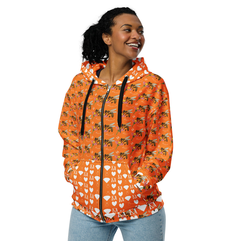 Daemon Luxury Quintara’s Sunset California Honeybee unisex zip hoodie with all-over white recycled print, front view.