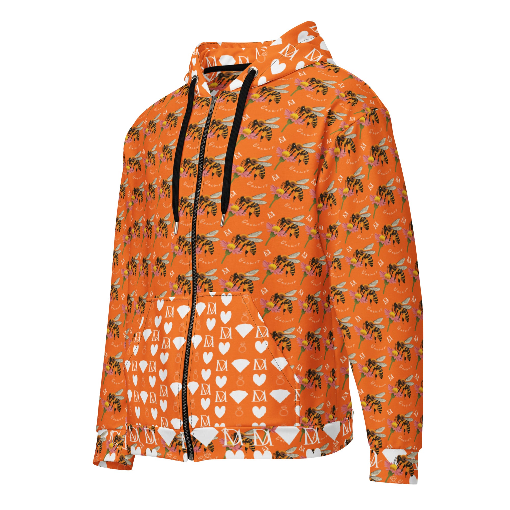 Daemon Luxury Quintara’s Sunset California Honeybee unisex zip hoodie with all-over recycled print, white color, left-front view.