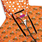 Daemon Luxury Quintara’s Sunset California Honeybee unisex zip hoodie with all-over recycled print on white fabric.