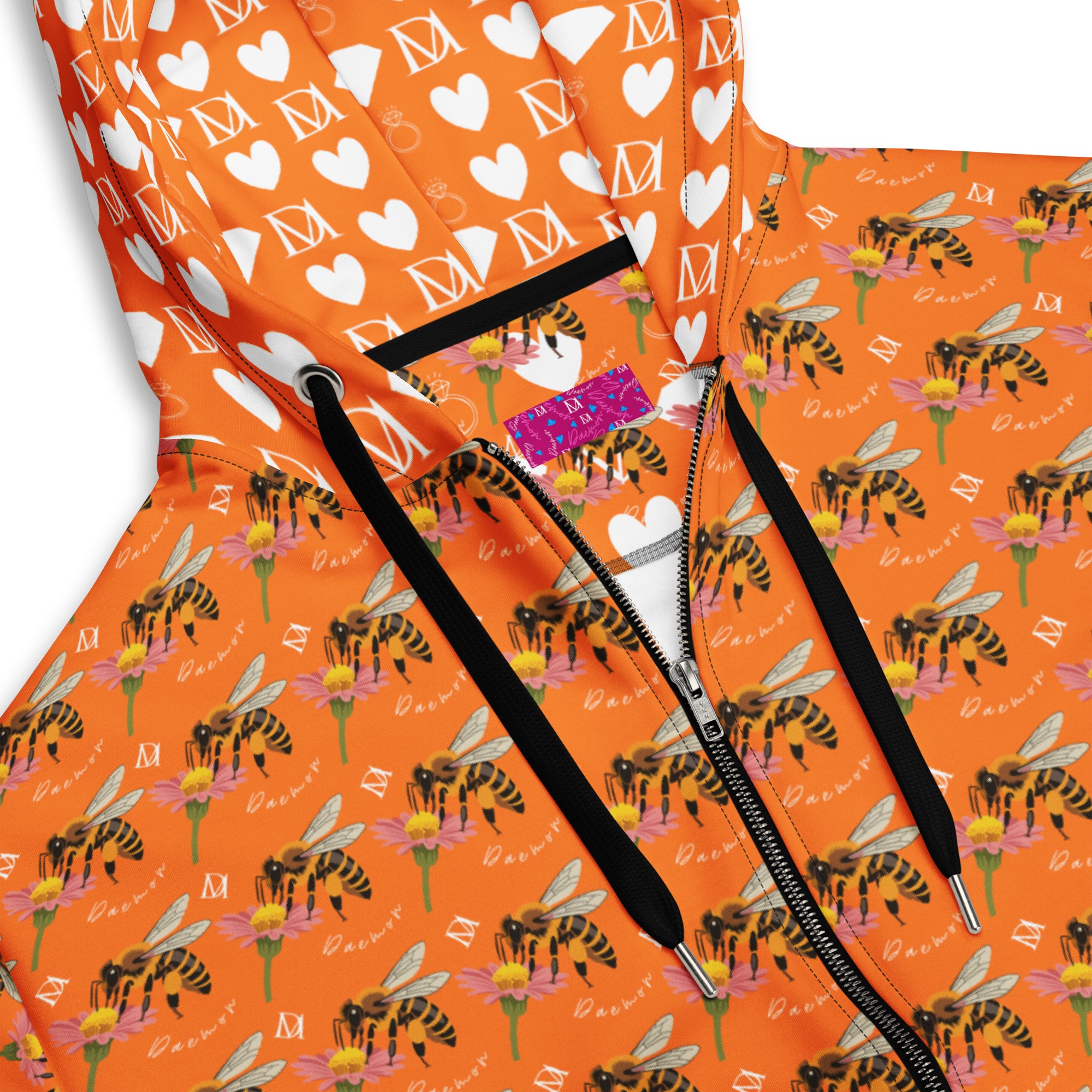 Daemon Luxury Quintara’s Sunset California Honeybee unisex zip hoodie with all-over recycled print on white fabric.