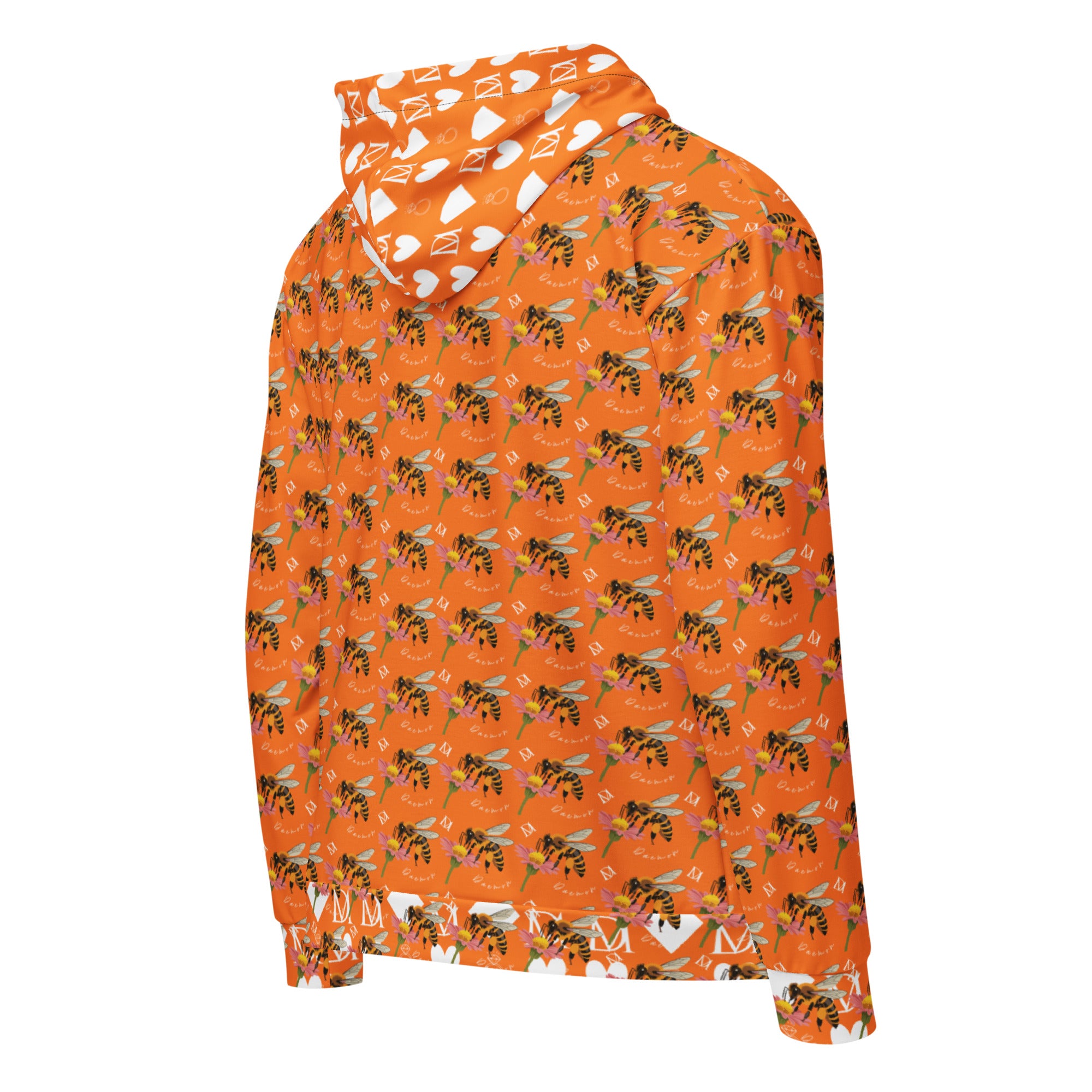 Daemon Luxury Quintara’s Sunset California Honeybee unisex zip hoodie with all-over white recycled print, shown from the right back.