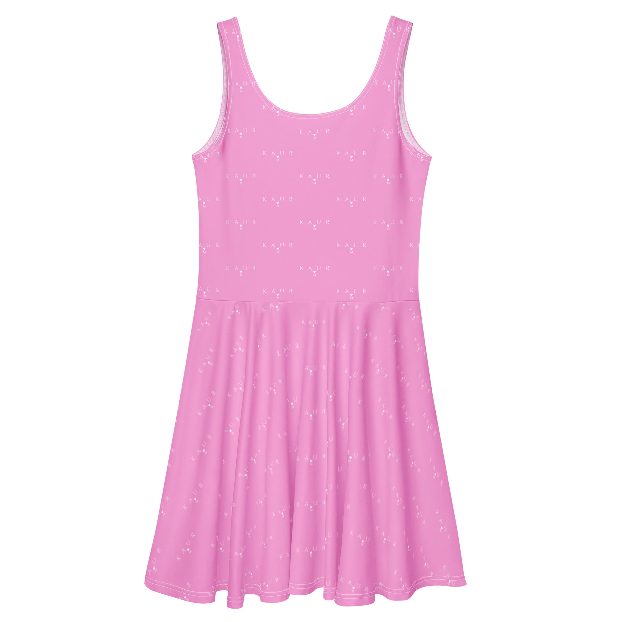 White Bubblegum KAUR dress by Daemon Luxury featuring an all-over print and a flared skater style, shown from the back.