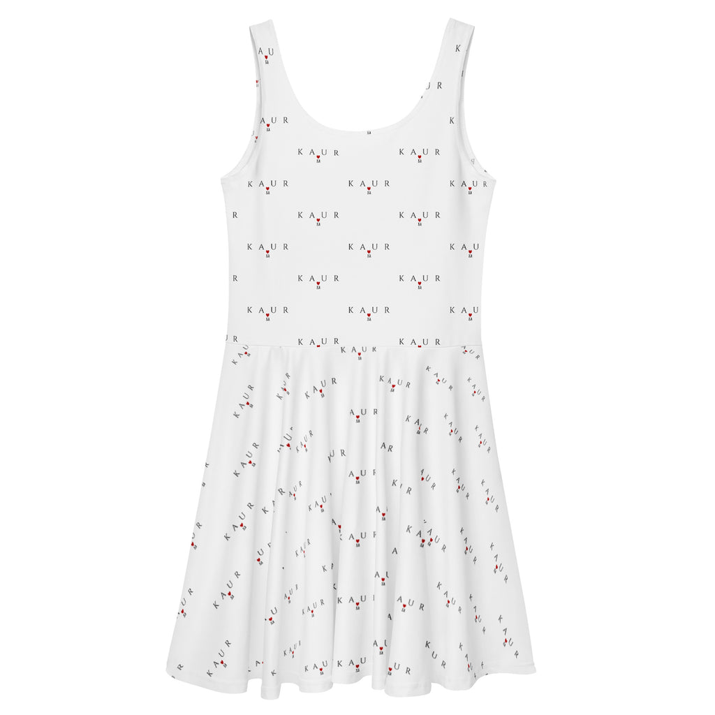 White all-over print skater dress featuring speckled diamonds Artica design by Daemon Luxury, shown from the back.