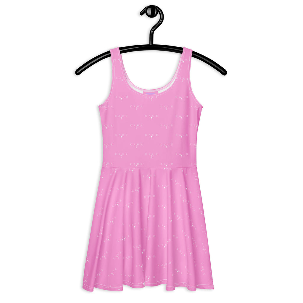 Daemon Luxury Bubblegum KAUR all-over-print skater dress with vibrant bubblegum pattern on white fabric, front view.
