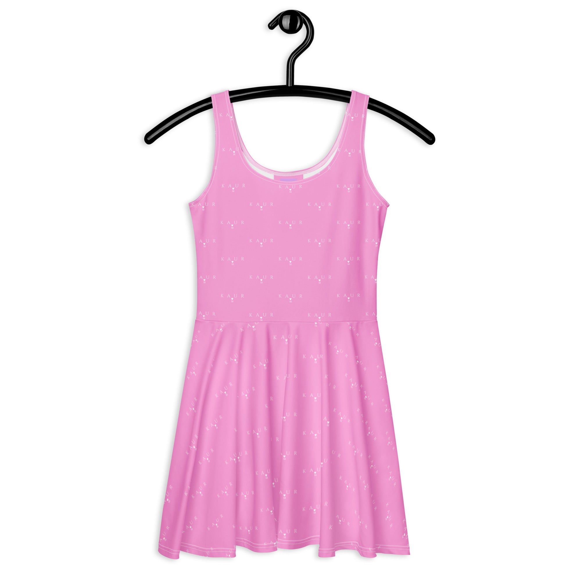 Daemon Luxury Bubblegum KAUR all-over-print skater dress with vibrant bubblegum pattern on white fabric, front view.