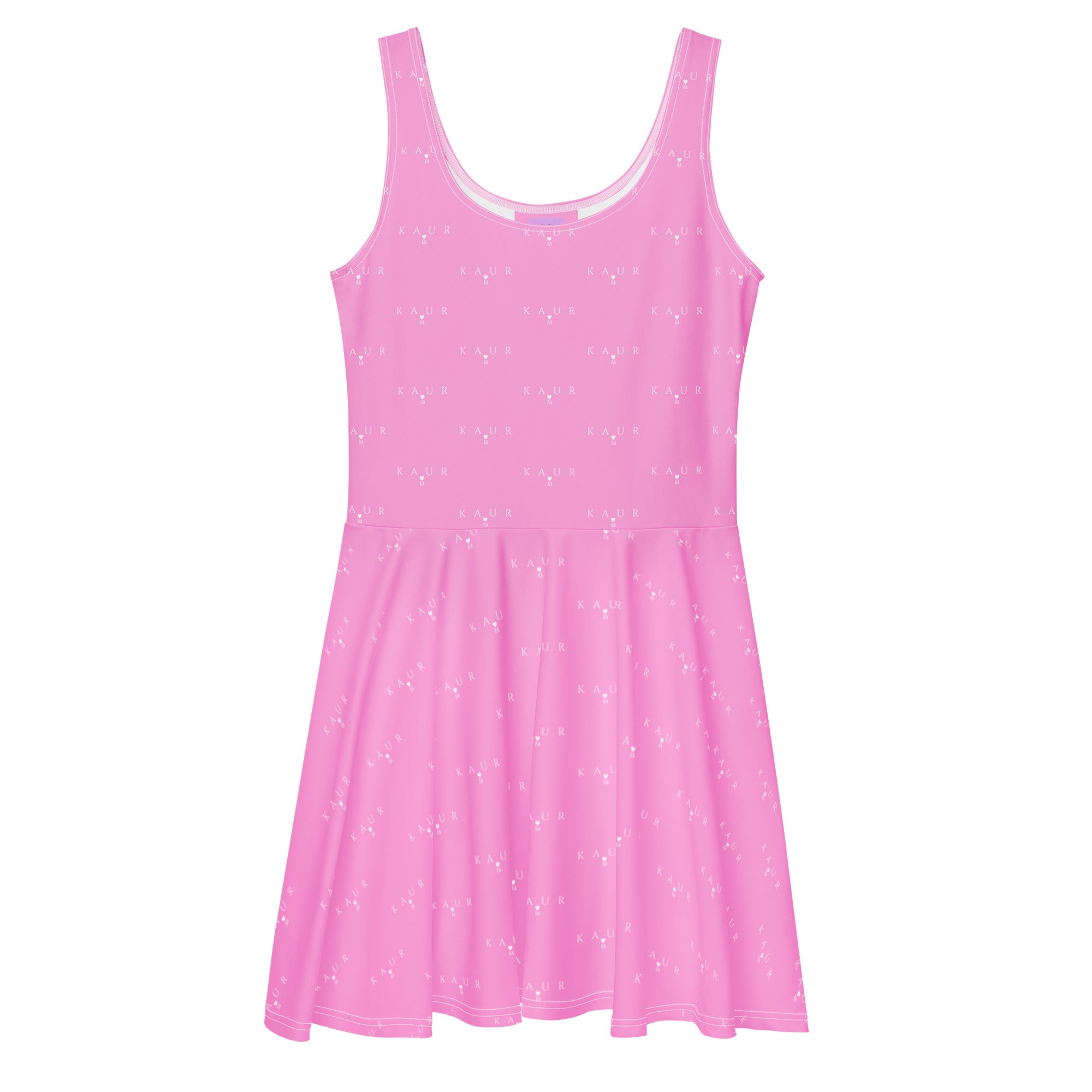 All-over print Bubblegum KAUR skater dress by Daemon Luxury, featuring a stylish white design with vibrant graphics on the front.