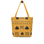Yellow tote bag featuring all-over frosted diamond and lucciole falo print by Daemon, with a spacious design and sturdy handles.