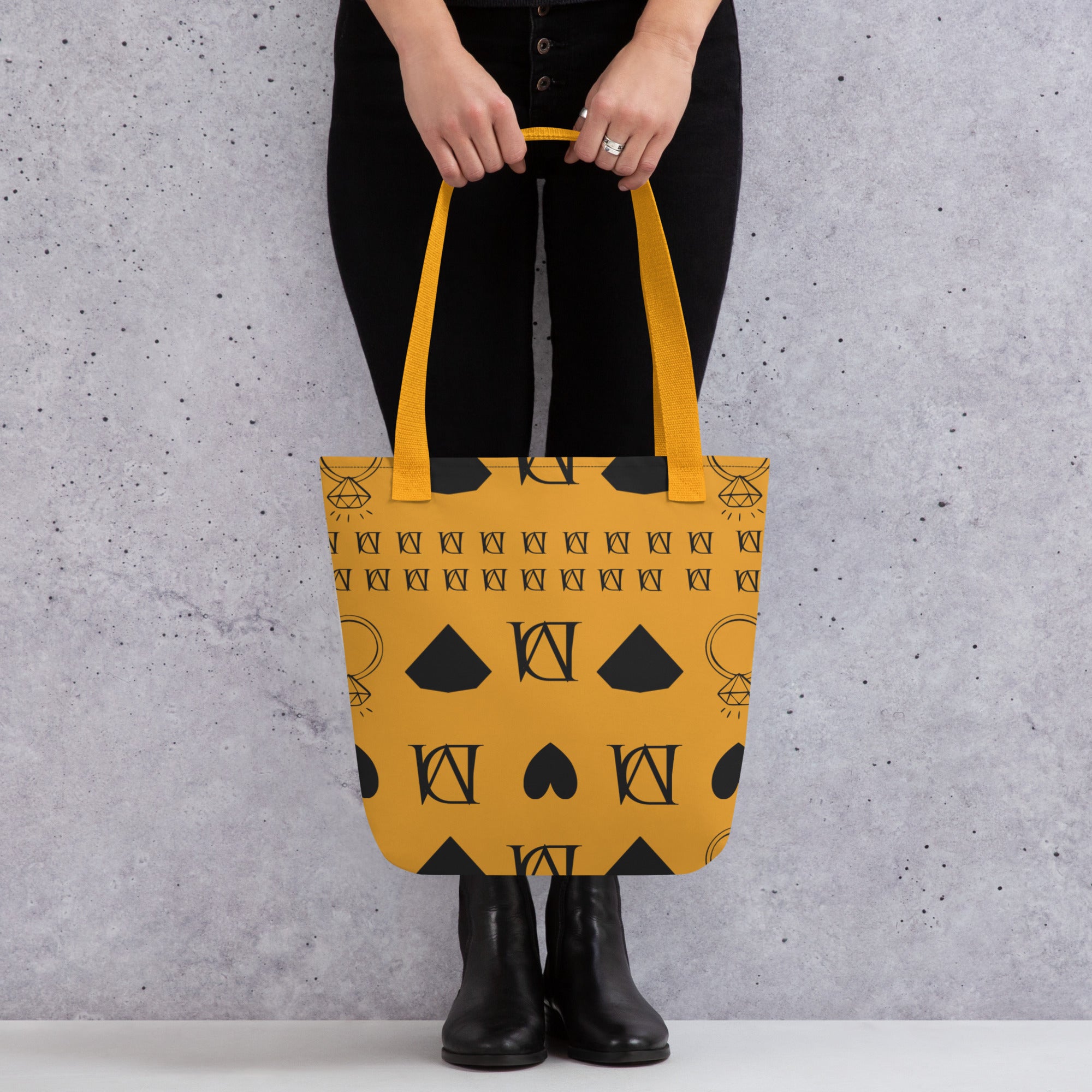 Daemon Frosted Diamonds Lucciole Falo tote bag with a yellow all-over print featuring diamond and lucciole designs.