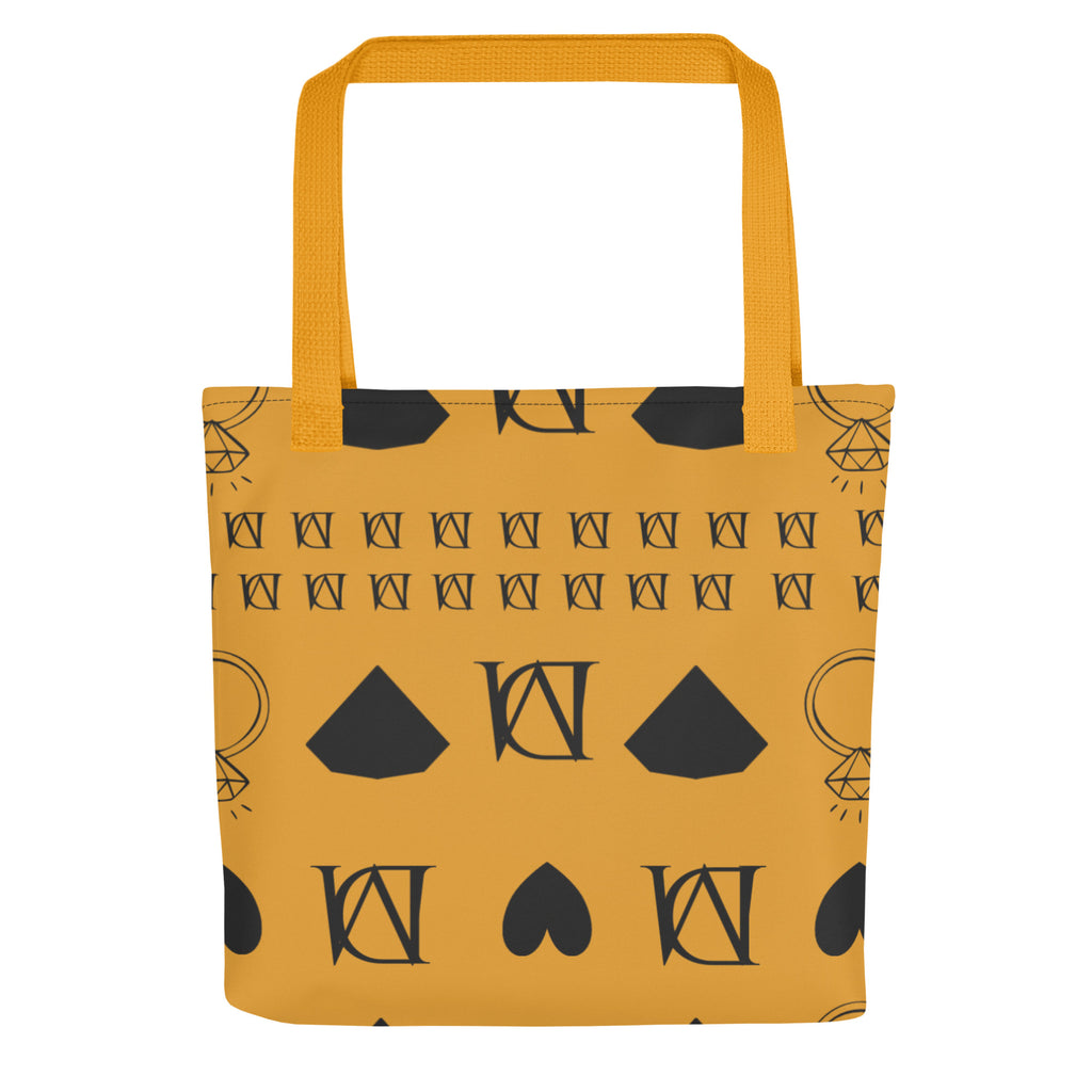 Yellow Daemon Frosted Diamonds Lucciole Falo tote bag with all-over diamond and butterfly print, 15x15 inches.