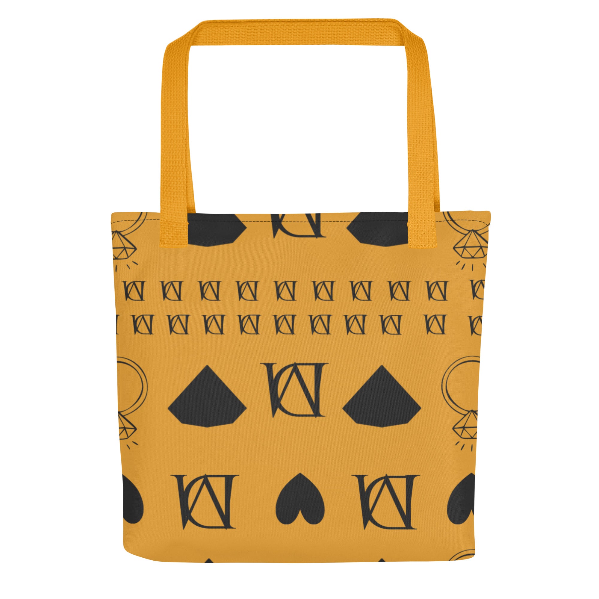 Yellow Daemon Frosted Diamonds Lucciole Falo tote bag with all-over diamond and butterfly print, 15x15 inches.