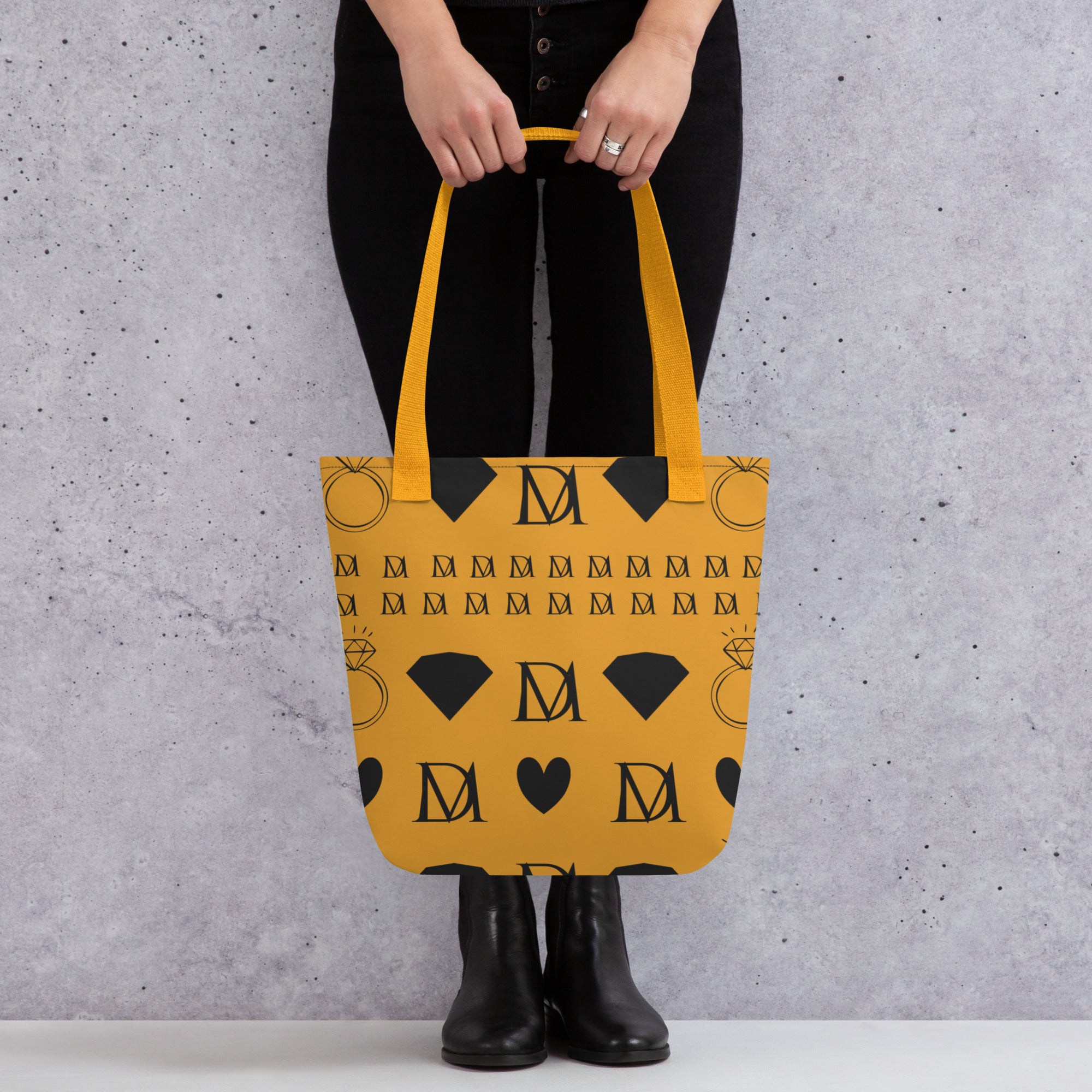 Yellow Daemon Frosted Diamonds Lucciole Falo tote bag with all-over diamond pattern and floral design on front.