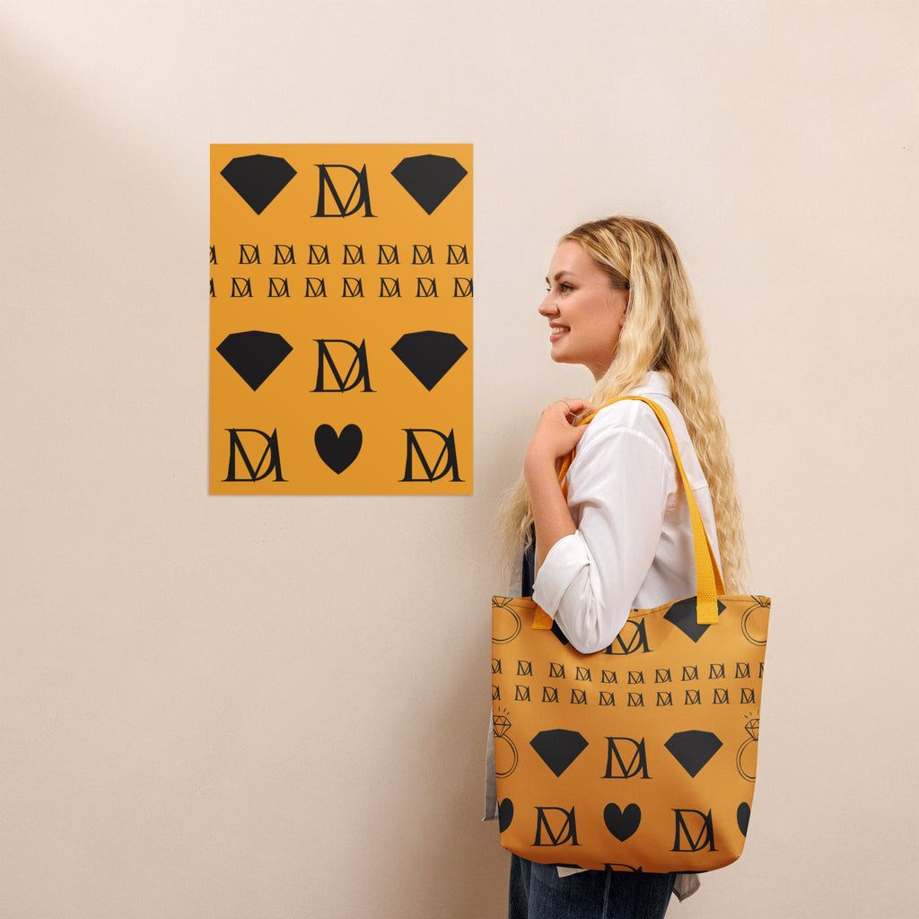 Yellow Daemon Frosted Diamonds Lucciole Falo tote bag with all-over diamond and firefly print, showing front view of the stylish accessory.