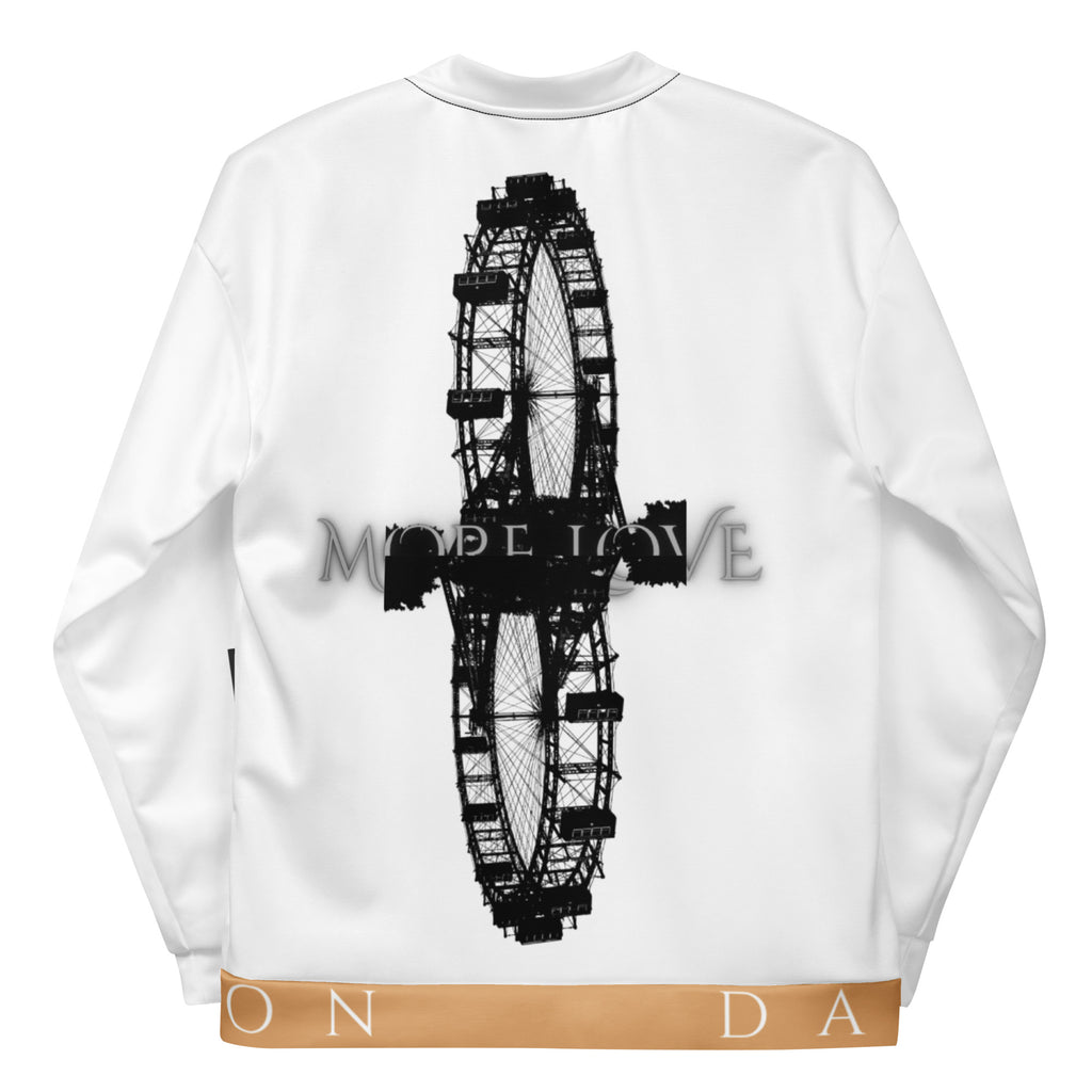 Unisex white bomber jacket with all-over love print, by Daemon, featuring bold graphic design on the back.