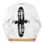 Unisex white bomber jacket with all-over love print, by Daemon, featuring bold graphic design on the back.
