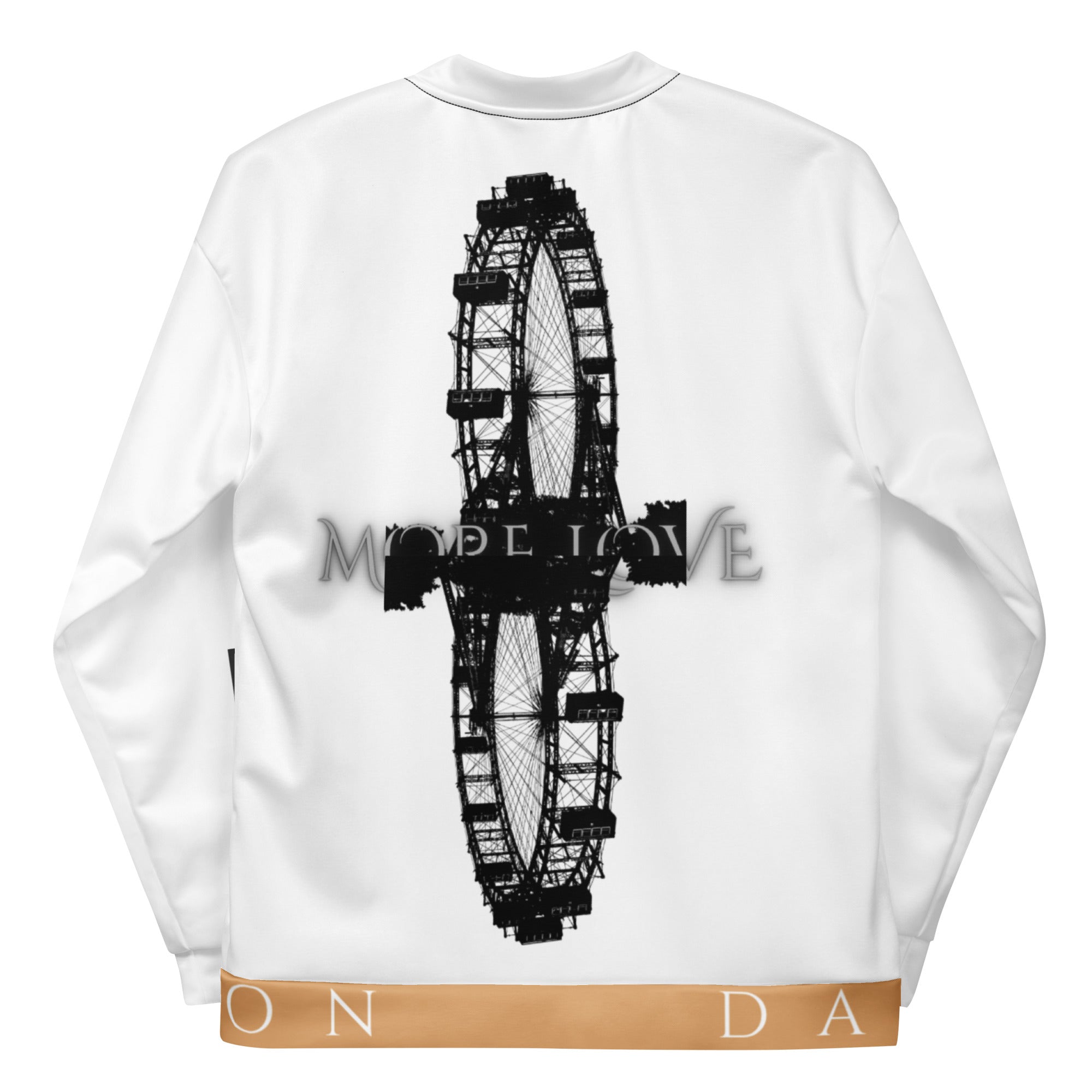 Unisex white bomber jacket with all-over love print, by Daemon, featuring bold graphic design on the back.
