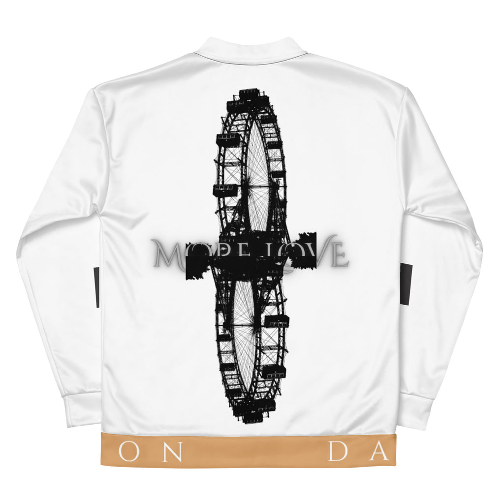 Daemon More Love unisex white bomber jacket with all-over colorful print, casual streetwear style.