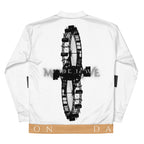 Daemon More Love unisex white bomber jacket with all-over colorful print, casual streetwear style.