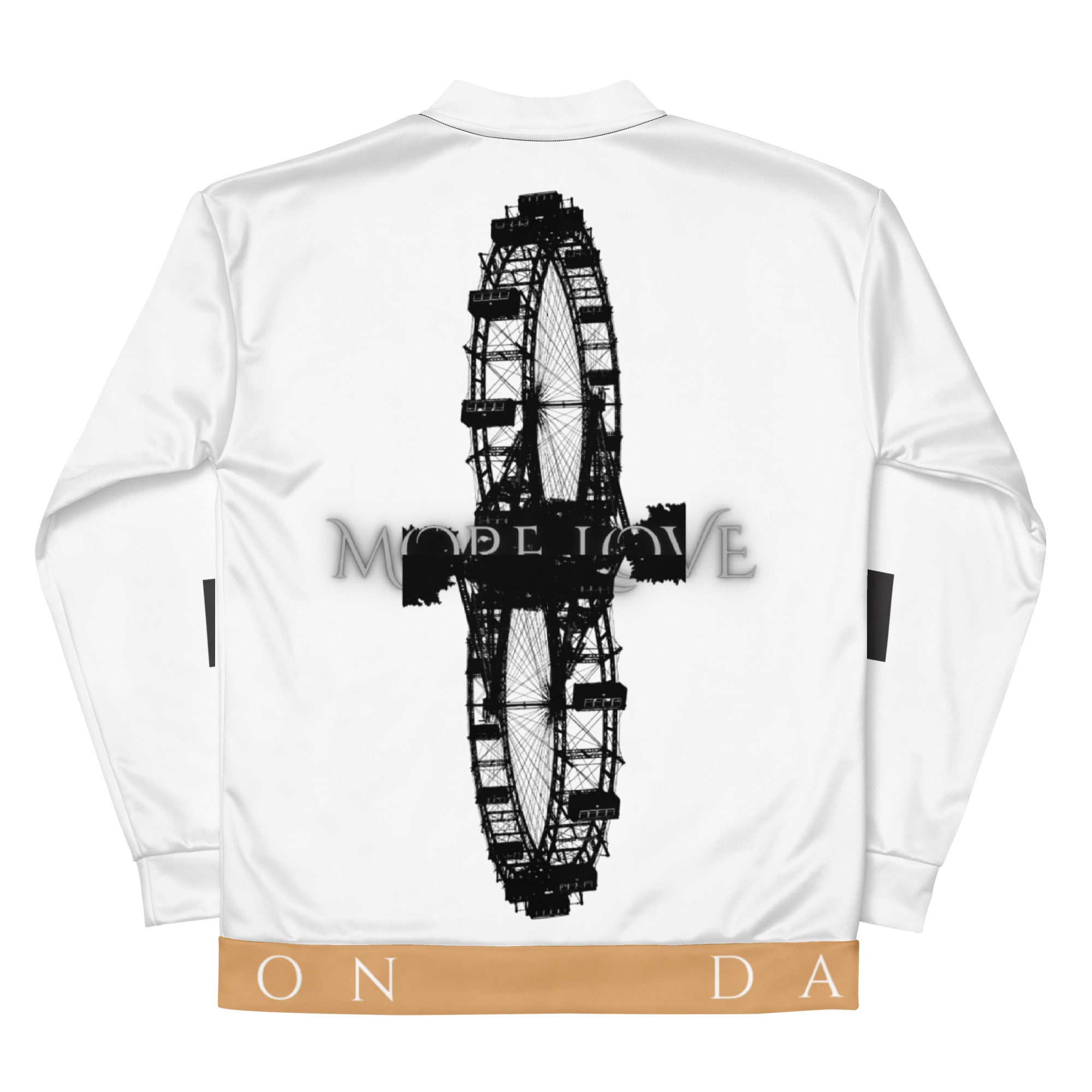 Daemon More Love unisex white bomber jacket with all-over colorful print, casual streetwear style.