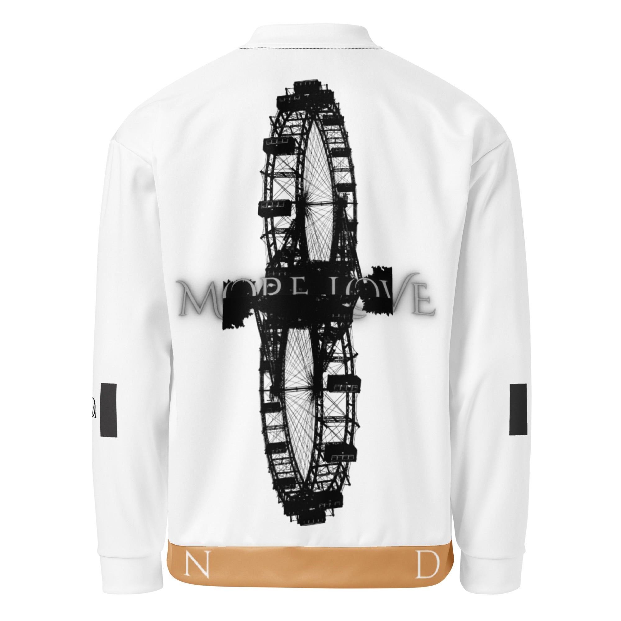 Unisex white bomber jacket with all-over love-themed print by Daemon, featuring a stylish, casual design for everyday wear.