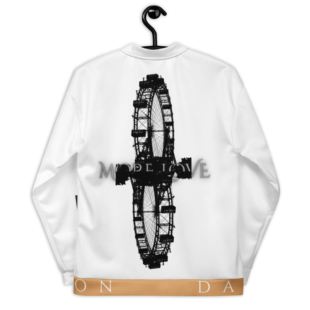Unisex white bomber jacket with all-over love-themed print by Daemon, showcasing a stylish, casual outerwear design.