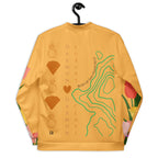 Unisex white bomber jacket featuring all-over print design inspired by ST. Francis Bliss Fuoco Cosmica by Daemon.